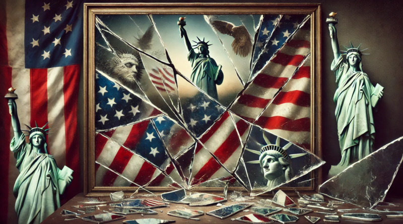 ChatGPT generated panoramic image of a shattered mirror reflecting American symbols, illustrating themes of division and a fractured sense of identity