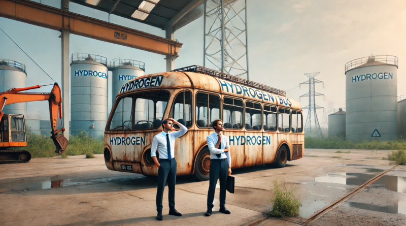 ChatGPT generated panoramic image of two professionals looking at a rusting hydrogen bus and scratching their heads