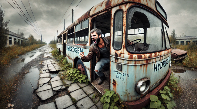 ChatGPT generated panoramic image of an angry man shaking their fist out of the window of an abandoned, rusting hydrogen bus