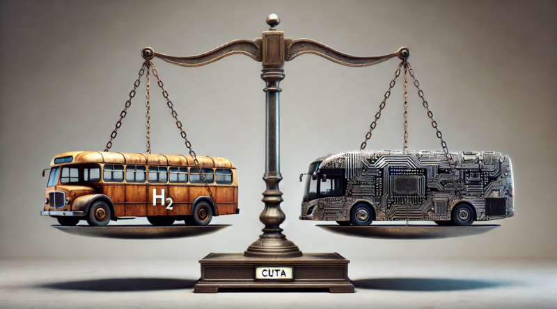 ChatGPT generated panoramic image of a pair of scales labeled CUTA with a transit bus labeled "H2" on one scale and a transit bus covered in circuitry on the other