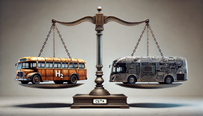 ChatGPT generated panoramic image of a pair of scales labeled CUTA with a transit bus labeled "H2" on one scale and a transit bus covered in circuitry on the other