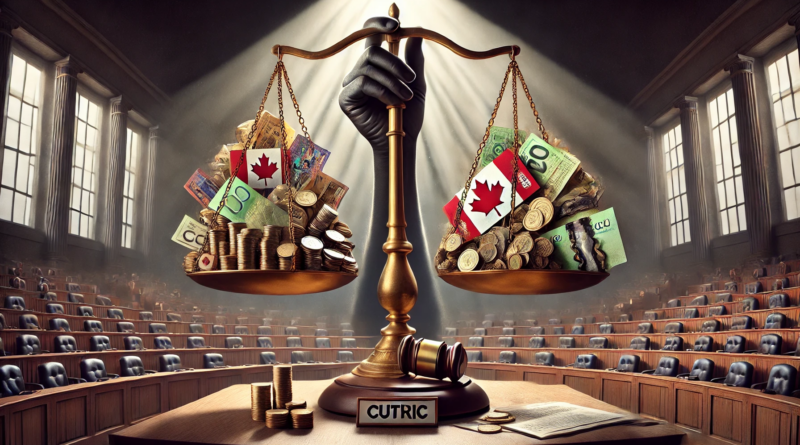 ChatGPT generated panoramic image with the scale tipped by a hidden hand labeled "CUTRIC," holding Canadian money.