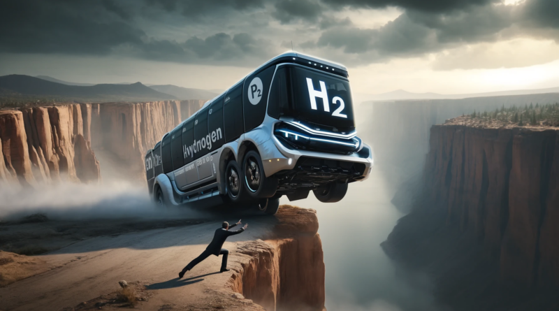 ChatGPT generated panoramic image of a helpful person pushing a bus labeled "H2" over the edge of a cliff