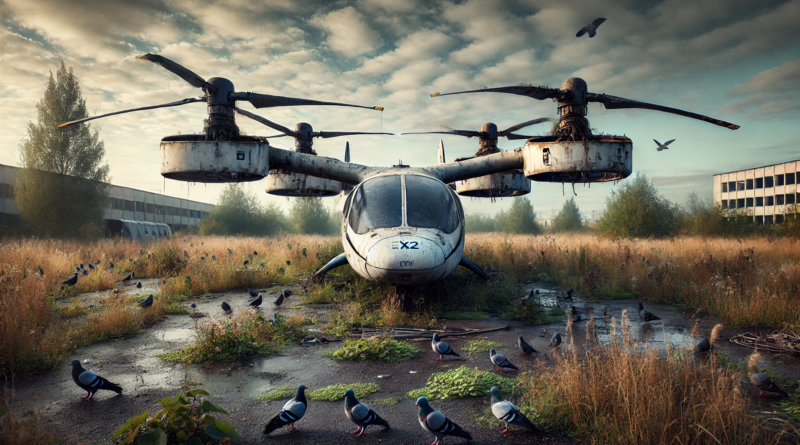 ChatGPT generated panoramic image of an electric vertical takeoff and landing aircraft, evtol, sitting covered in dirt and pigeon droppings in a weed-filled field