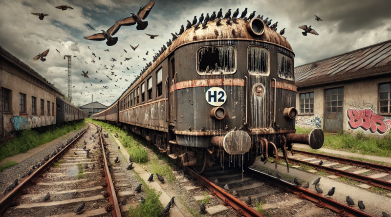 ChatGPT generated panoramic image of a rusting, pigeon poop covered passenger train labeled "H2" sitting on rusting tracks on a siding