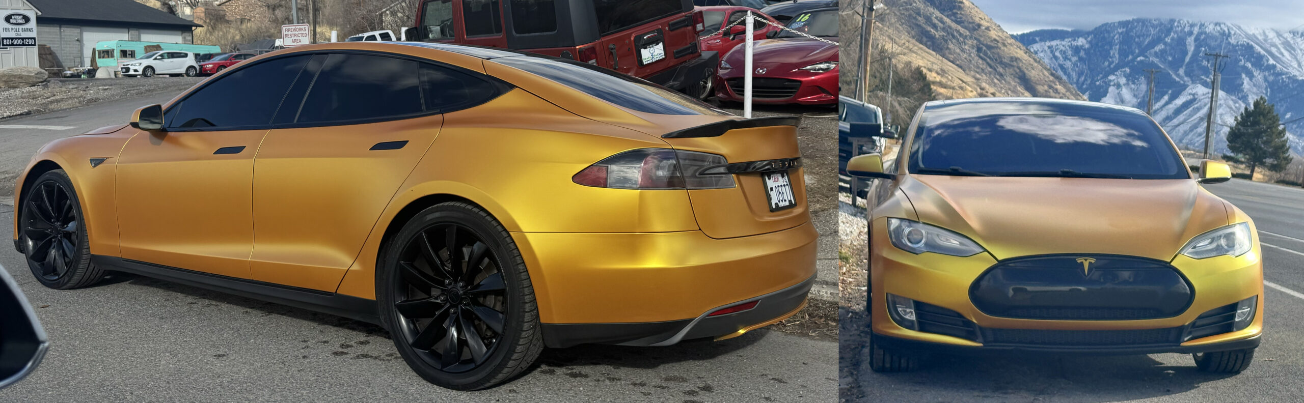 9321 Tesla Model S with gold wrap. Tesla Service Center. Provo Utah. December 15 2024. Photo by Fritz Hasler scaled