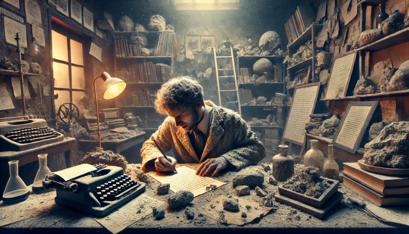 ChatGPT generated panoramic image of a crank researcher covered in rock dust scribbling in a manifesto