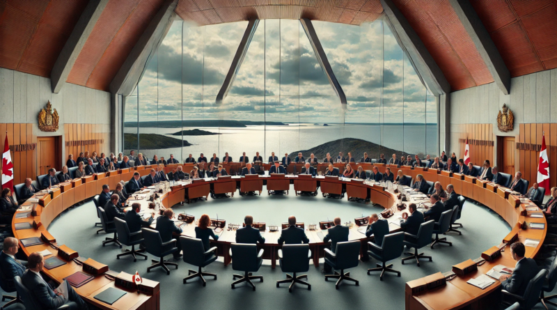 ChatGPT generated panoramic image of Canadian Senate committee and witnesses looking at the Atlantic Ocean