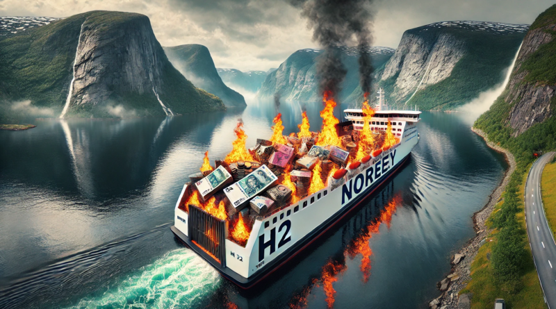 ChatGPT generated panoramic image of a Norwegian ferry labeled "H2" burning kroner as it sails across a fjord