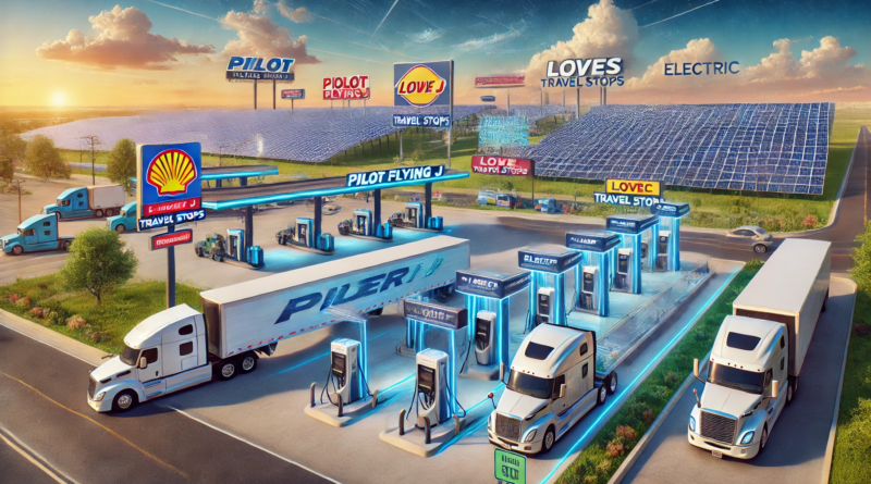 ChatGPT generated panoramic image of panoramic image of truck stops (e.g., Pilot Flying J, Love’s, TravelCenters of America) with conceptual electric charging additions.