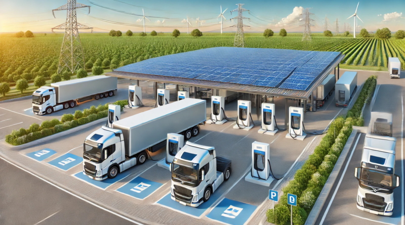 ChatGPT generated panoramic illustration of electric trucks charging at a modern truck stop equipped with solar panels, battery storage, and high-capacity chargers, set in a clean and sustainable environment.