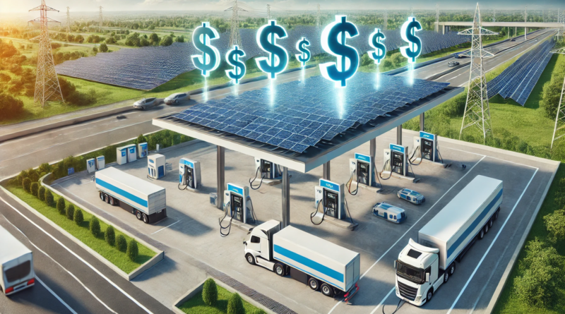 ChatGPT generated panoramic illustration of solar-powered truck stops featuring solar canopies over fueling and charging areas, integrated with renewable energy and floating dollar signs symbolizing cost savings and profitability
