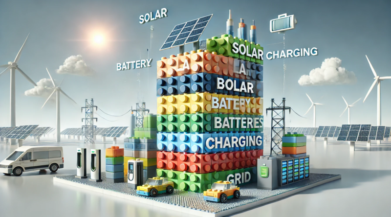 ChatGPT generated panoramic image of a stack of Lego building blocks labeled "Solar," "Battery," "Charging," and "Grid": Illustrates the layered approach to building charging infrastructure.