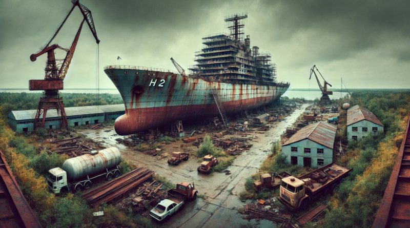 ChatGPT generated panoramic image of a ship labeled "H2" partially built and rusting in an abandoned ship construction yard