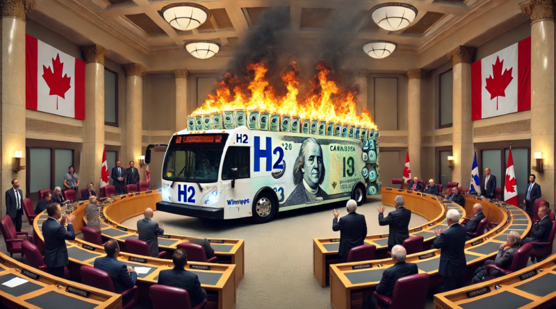 ChatGPT generated panoramic image of Winnipeg City Council looking at a hydrogen bus full of Canadian money on fire