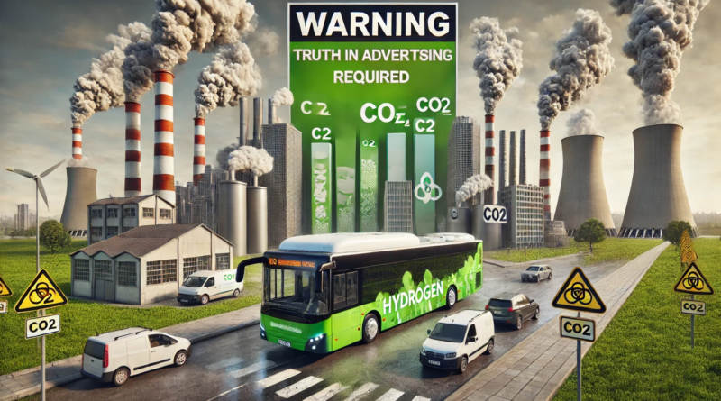 ChatGPT generated panoramic image of a hydrogen bus with lots of representations of high CO2e emissions and a big warning sign about truth in advertising