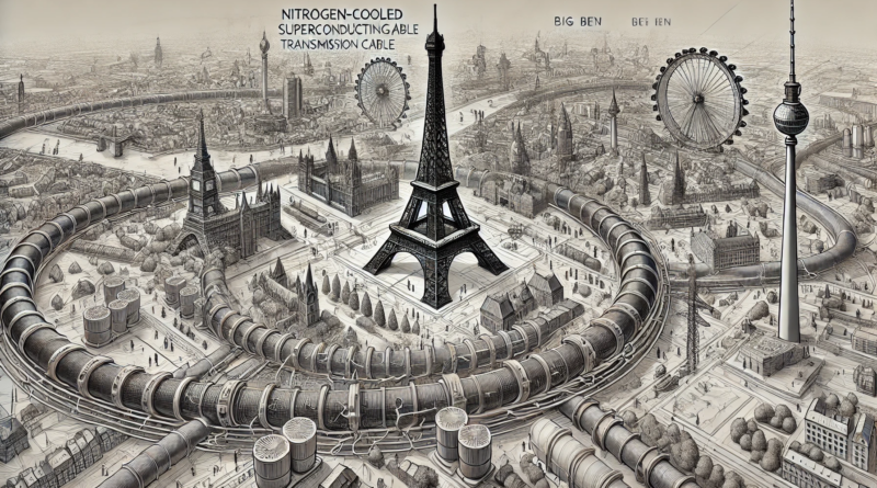 ChatGPT generated panoramic line drawing of nitrogen cooled superconducting transmission cables in a mesh over Europe