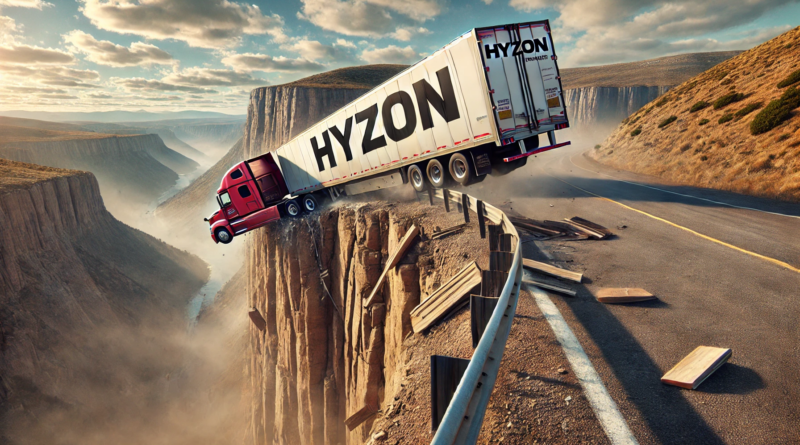 ChatGPT generated panoramic image of a semi trailer labeled "Hyzon" going off a cliff