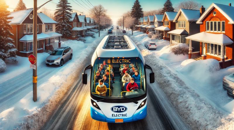 ChatGPT generated create a panoramic image of a bus filled with warm passengers driving along a frozen Canadian street