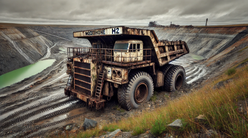 ChatGPT generated panoramic image of a huge, rusting, filthy, mining truck labeled "H2" abandoned beside an open pit mine