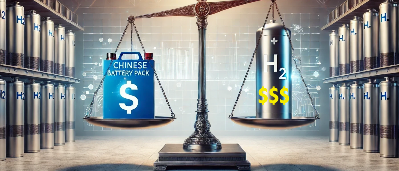 ChatGPT generated panoramic image of a Chinese battery pack on one side of a scale and a tank labeled "H2" on the other, with the battery pack side much lower
