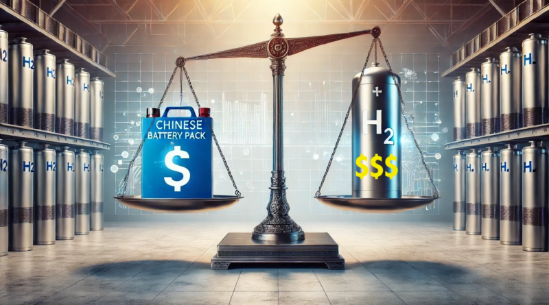 ChatGPT generated panoramic image of a Chinese battery pack on one side of a scale and a tank labeled "H2" on the other, with the battery pack side much lower