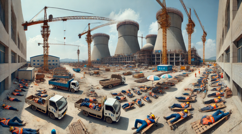 ChatGPT generated panoramic image of a Chinese nuclear plant in construction with workers napping in their vehicles and on the site