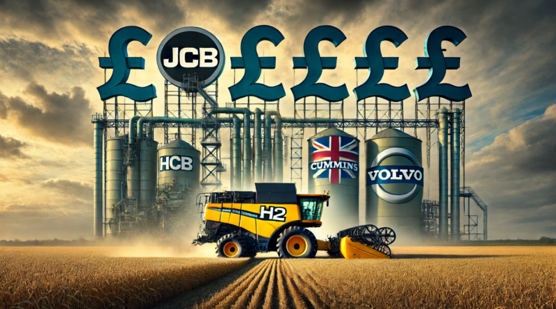 ChatGPT generated panoramic image of an agricultural combine labelled H2 overshadowed by large corporate logos of JCB, Cummins and Volvo as well as British pounds signs