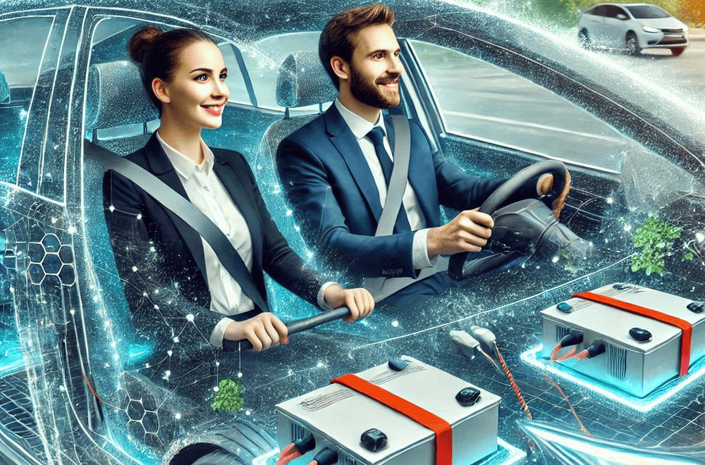 a picturesque and scientific image of electric car drivers both women and men inside the cars with visible batteries in a city environment 1 e1734020631605