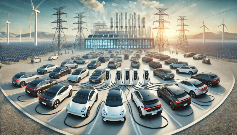 ChatGPT generated panoramic image of a fleet of plugged in electric cars as a virtual battery