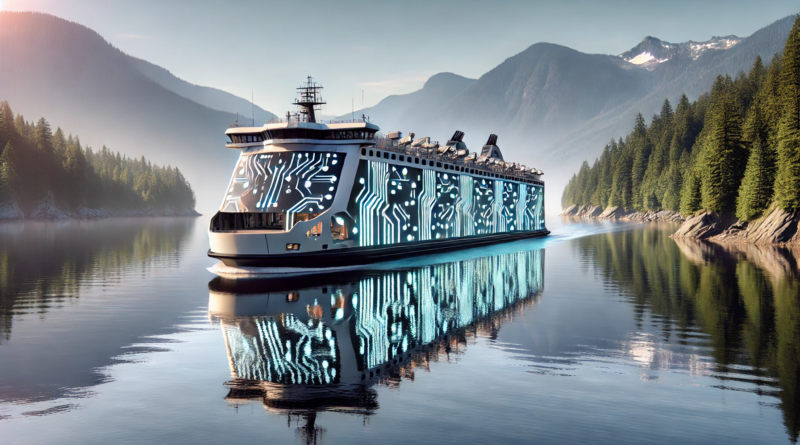 ChatGPT generated panoramic image of a large roro electric passenger ferry in British Columbia covered in circuitry