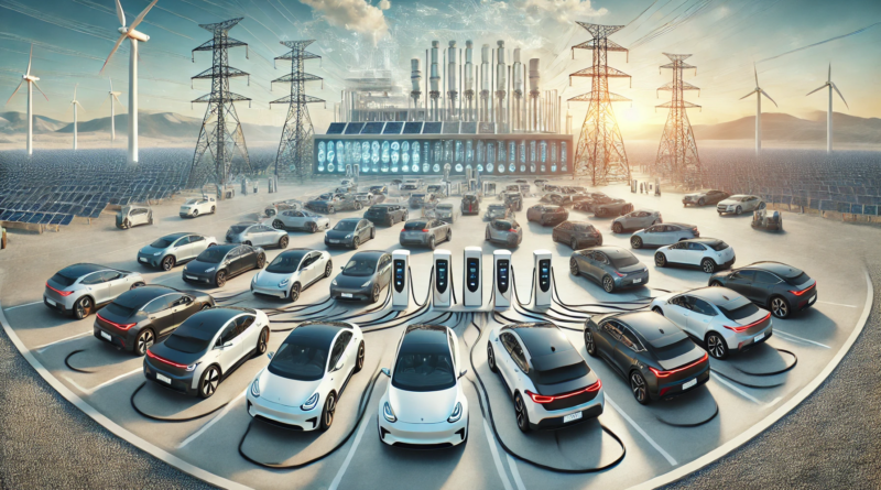 ChatGPT generated panoramic image of a fleet of plugged in electric cars as a virtual battery