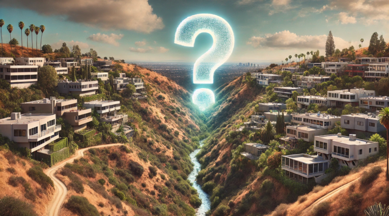 ChatGPT generated image of panoramic image of a Los Angeles canyon filled with homes and a big question mark hovering overhead