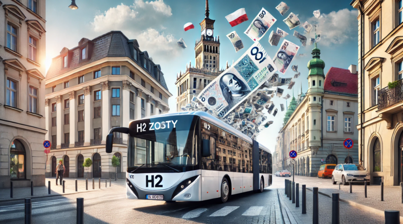 ChatGPT generated panoramic image of a municipal transit bus labeled "H2" in Poland trailing a cloud of zloty