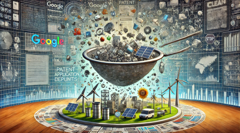 ChatGPT generated panoramic image of a set a clean technologies being tumbled through a giant sieve against a backdrop of Google searches, patents and websites