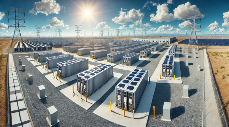 ChatGPT generated panoramic image of a bunch of shipping containers containing grid batteries sitting on concrete pads under a shining blue sky