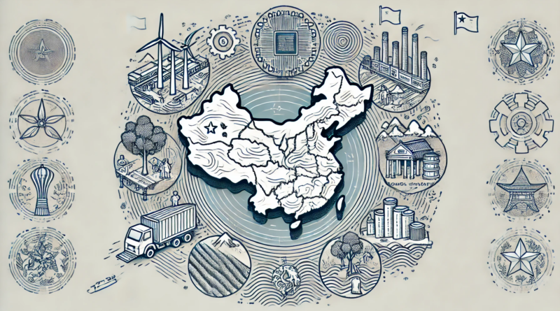 ChatGPT generated create a panoramic image of a map of China with line drawing icons in Chinese style representing each of the five year plan priorities surrounding it