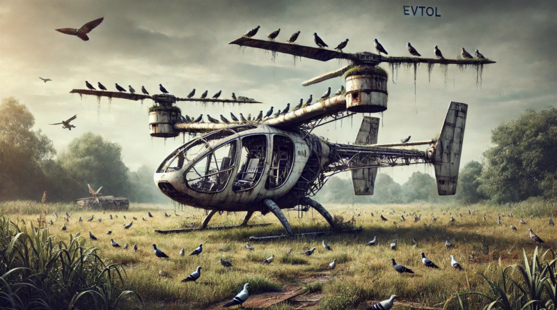 ChatGPT generated panoramic image of an evtol like the Volocopter rusting in a field, with pigeons roosting on it