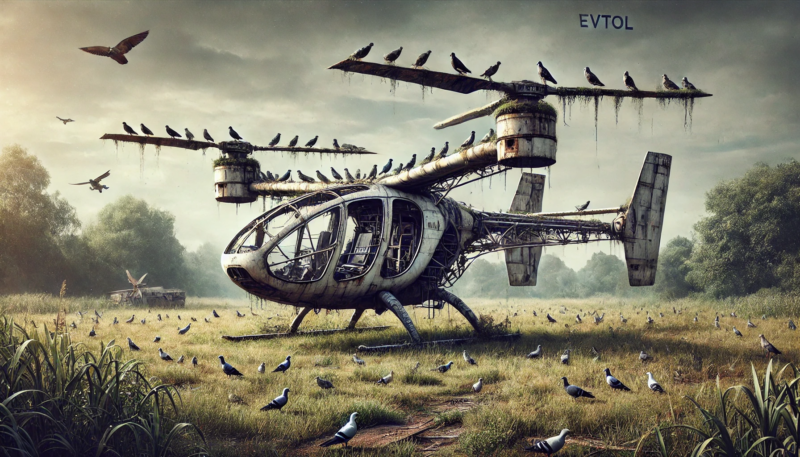 ChatGPT generated panoramic image of an evtol like the Volocopter rusting in a field, with pigeons roosting on it