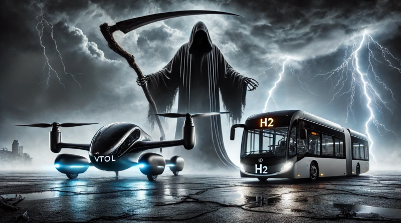 ChatGPT generated panoramic image of the Grim Reaper looming over an electric VTOL rotorcraft like the Joby and a bus labeled "H2"