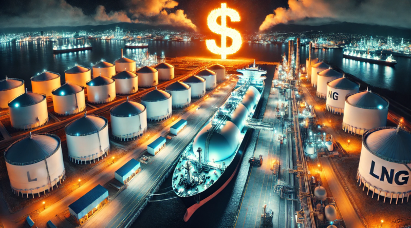 ChatGPT generated panoramic image of an LNG terminal being loaded at a Texas LNG terminal with dollar signs burning above it