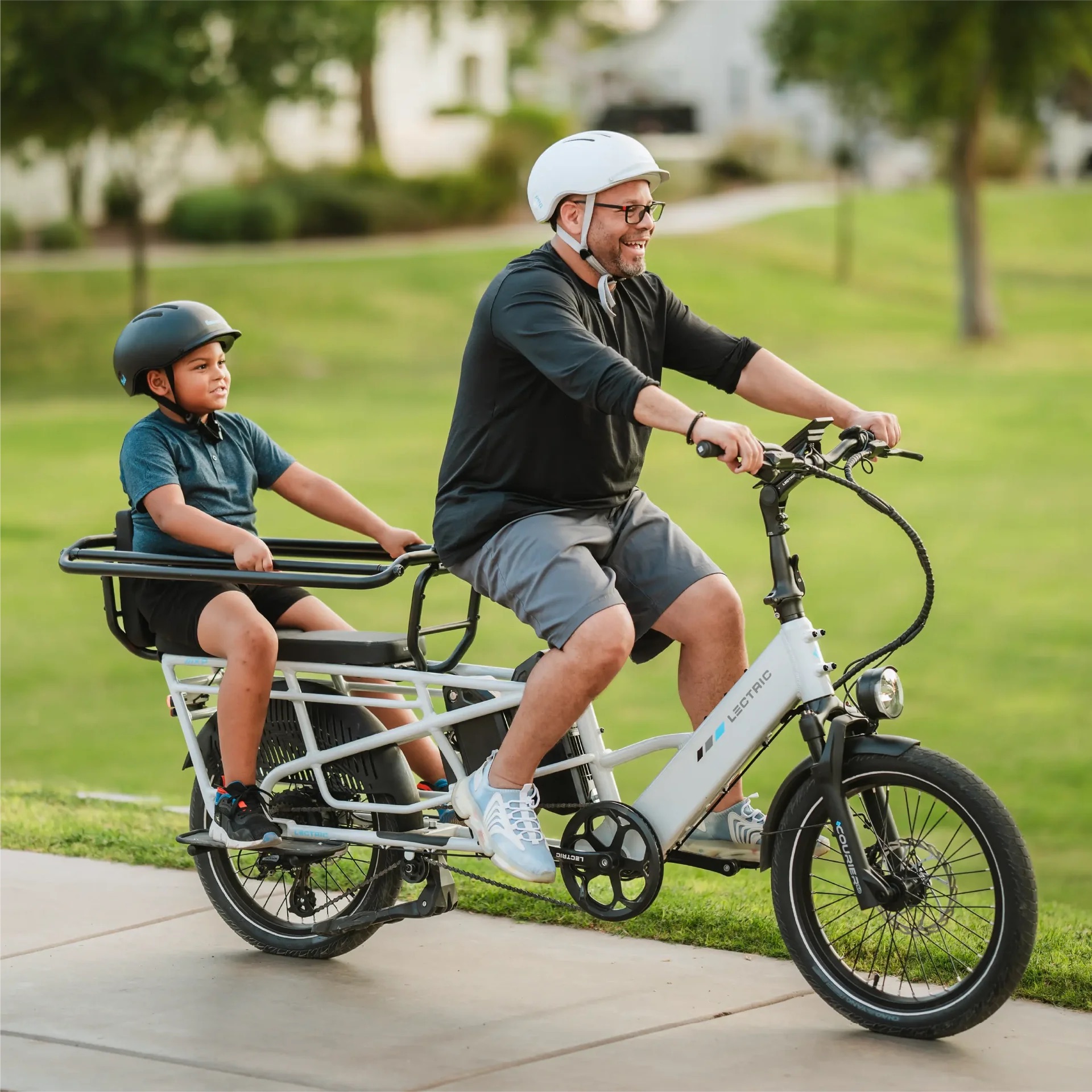 Lectric E bike with kid on back