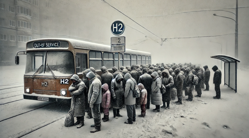 ChatGPT generated panoramic image of a group of people huddled shivering in a snow covered bus stop beside an out of service bus labeled "H2"