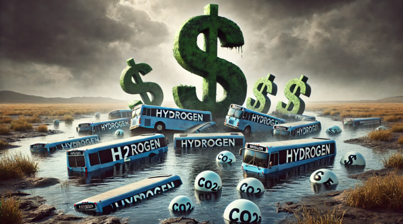 ChatGPT generated panoramic image of buses labeled "H2" and "Hydrogen" sinking in a bog with dollar signs pushing them under and bubbles labeled "CO2e" escaping