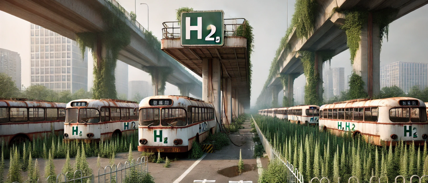 ChatGPT generated panoramic photorealistic image of a blocked off hydrogen refueling station in Beijing with man-high wormwood growing in the lot with buses labeled "H2" rusting in it