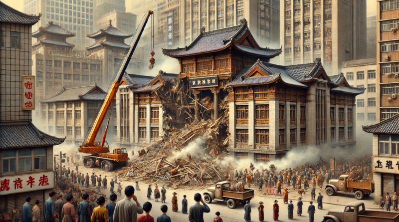 ChatGPT generated graphic image of an Asian 1960s scene were a university is being demolished