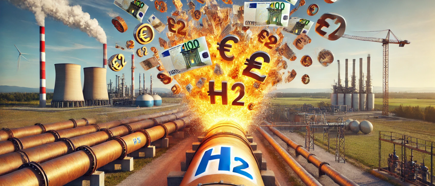 ChatGPT generated panoramic image of a pipeline labeled "H2" bursting open and releasing euros and euro cents instead of gas
