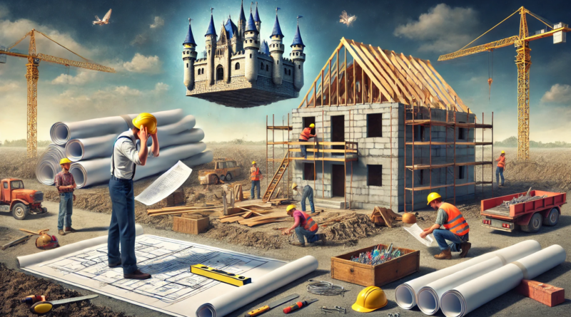 ChatGPT generated panoramic image of a construction worker trying to build a house while looking at a blueprint that shows a floating castle in the sky