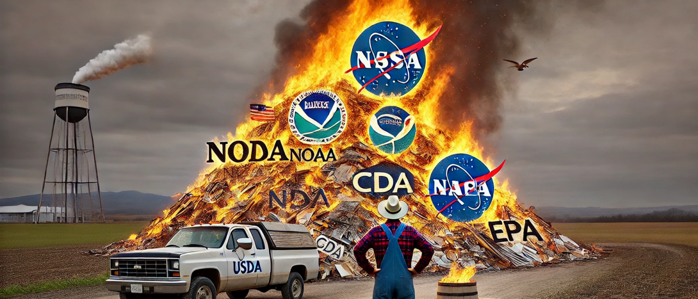 ChatGPT generated panoramic image of USDA, NOAA, NASA, CDC and EPA burning in a bonfire as a US farmer watches in horror