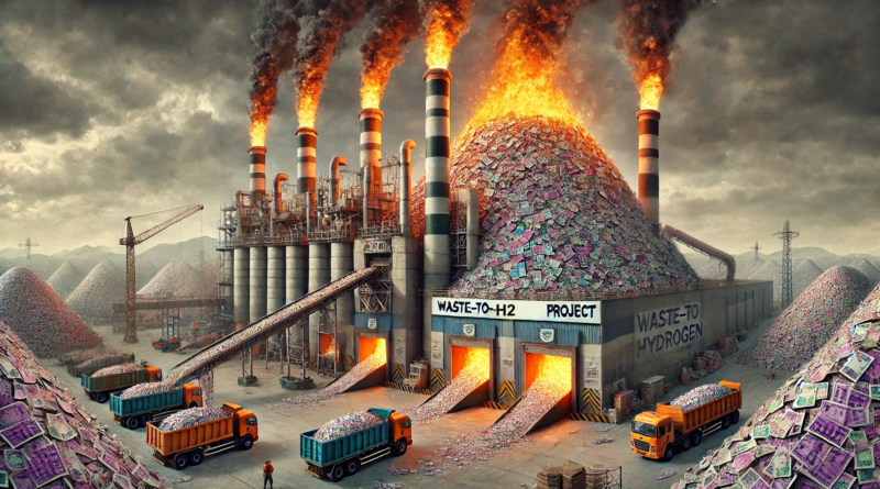 ChatGPT generated image of an industrial waste-to-hydrogen facility burning stacks of Indian rupees